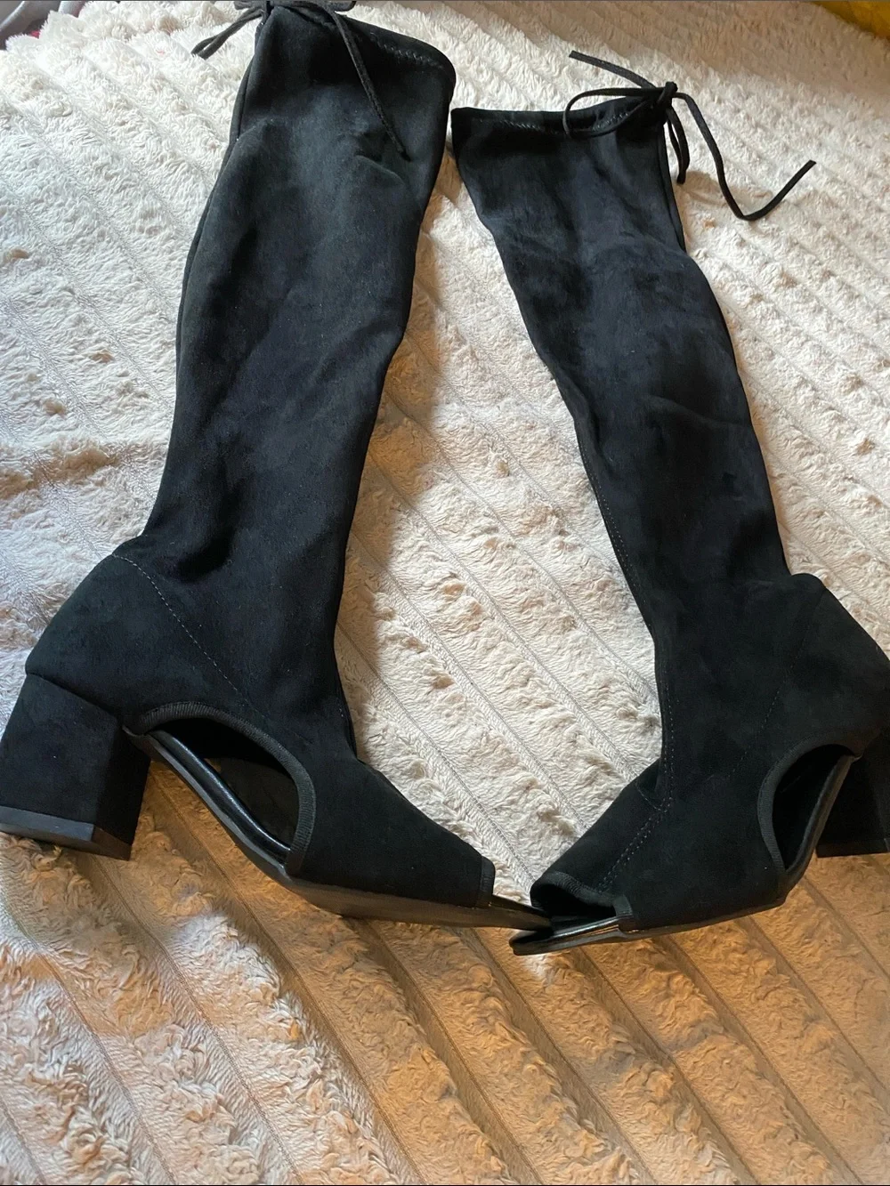 NWOT, Over The Knee Long Black Boots Cut Out Toes and Sides of Boots